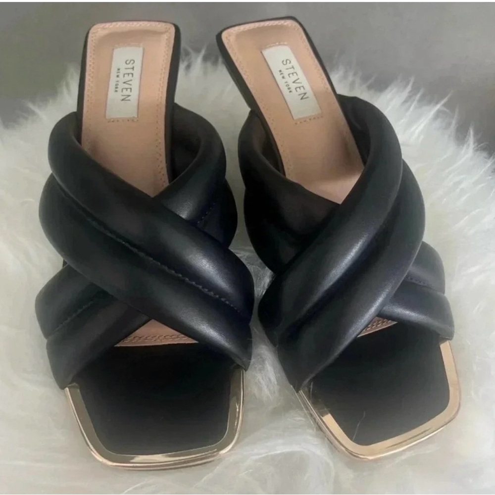 Steven New York Black Padded Knot Mule Heels Size 7 EUC Square Toe - Picture 7 of 7